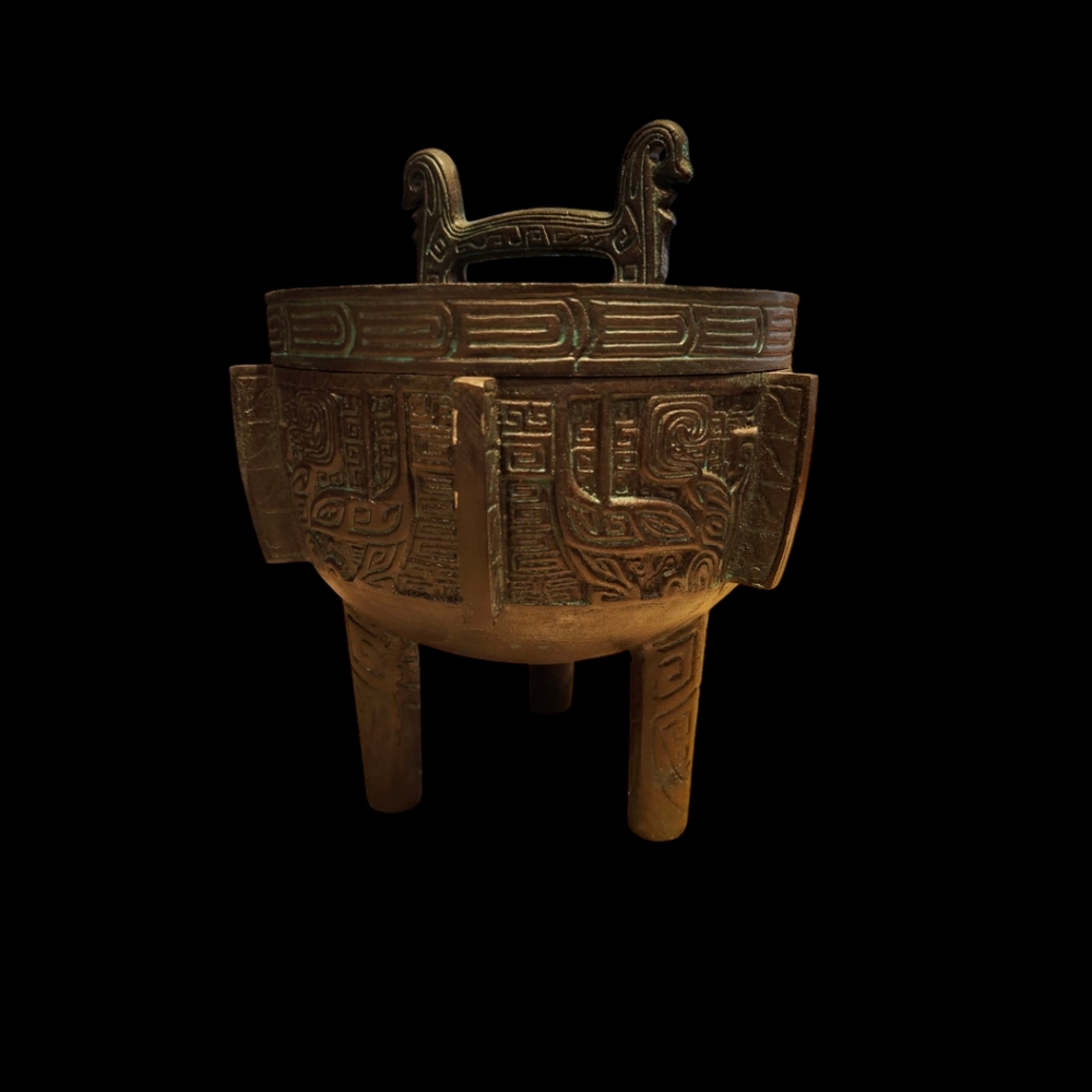 VTG ‘60s MCM James Mont Mayan Aztec Asian Verdigris Ice Bucket Barware Tri Stand